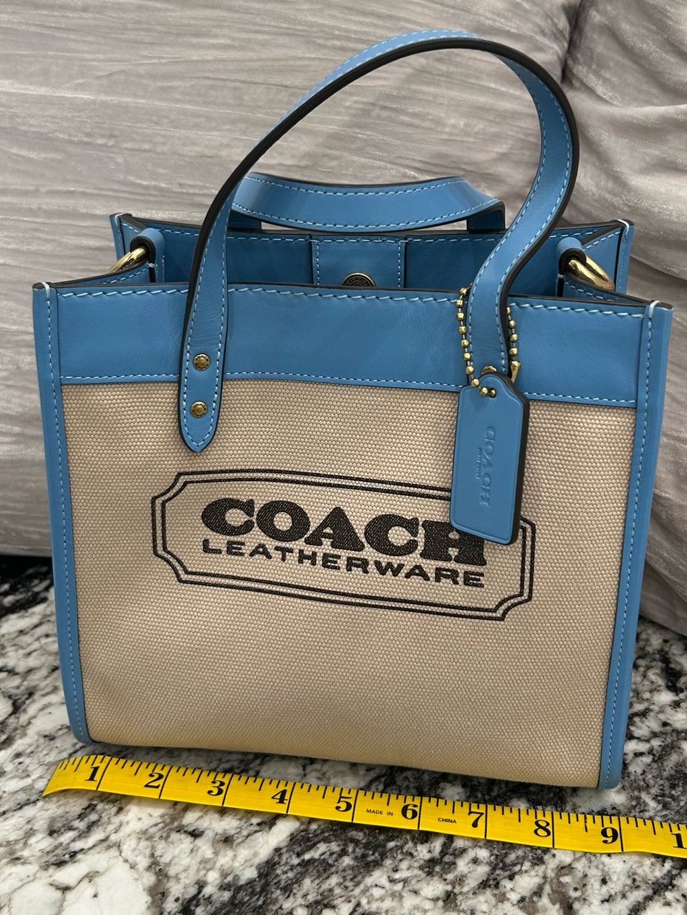 Coach Beige Canvas Tote with Sky Blue Leather Trim